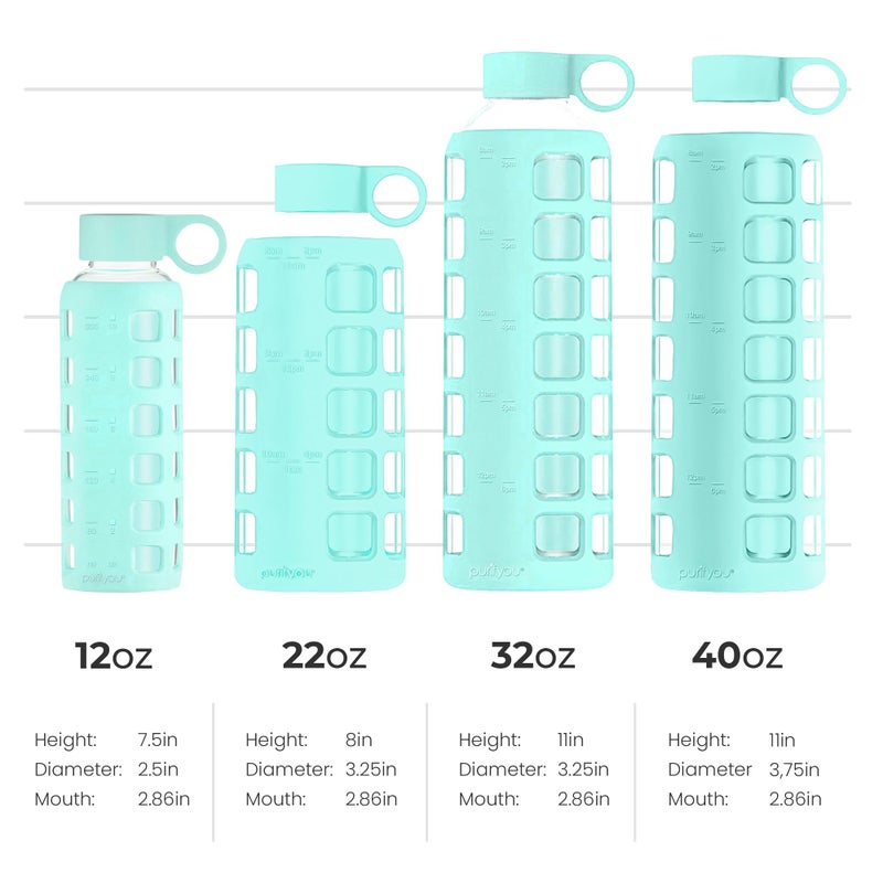 purifyou Premium 40/32 / 22/12 oz Reusable Glass Water Bottles with Time and Volume Markings  Non-Slip Silicone Sleeve & Stainless Steel Lid Insert  for Water  Milk  Juice (12oz Glow in the Dark) - Image 1