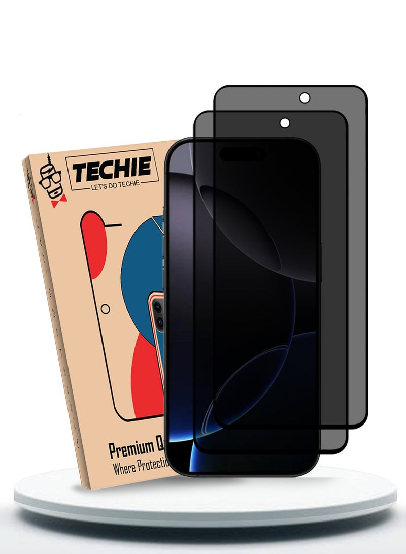 Techie حماية شاشة زجاجية مقساة للخصوصية 2 عبوة لجهاز آبل آيفون 16 برو ماكس - مضادة للفقاعات صلابة 9H سمك 0.33 مم حواف مدورة تركيب سهل - Image 1