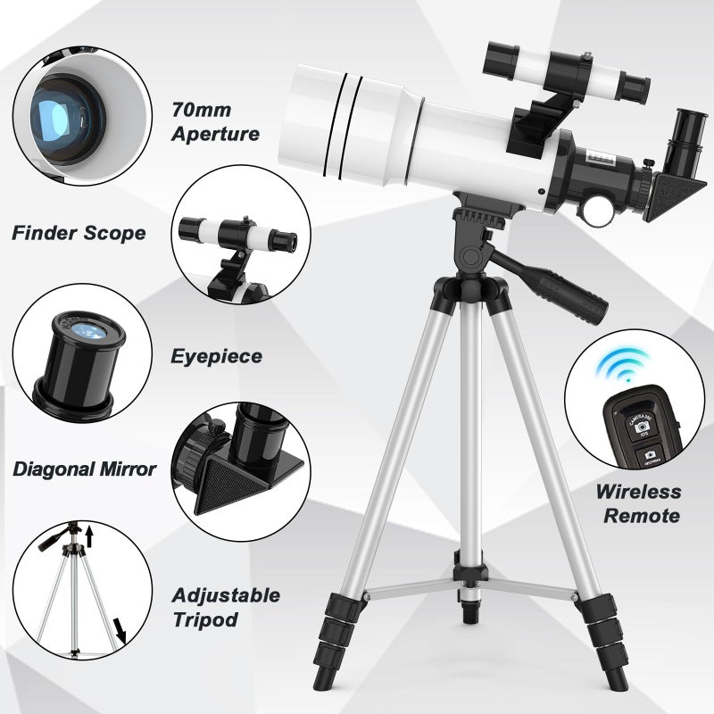 ToyerBee Telescope for Adults u0026 Kids, 70mm Aperture Astronomical Refractor Telescopes for Astronomy Beginners (15X-150X), 300mm Portable Telescope with an Phone Adapter u0026 A Wireless Remote - Image 2