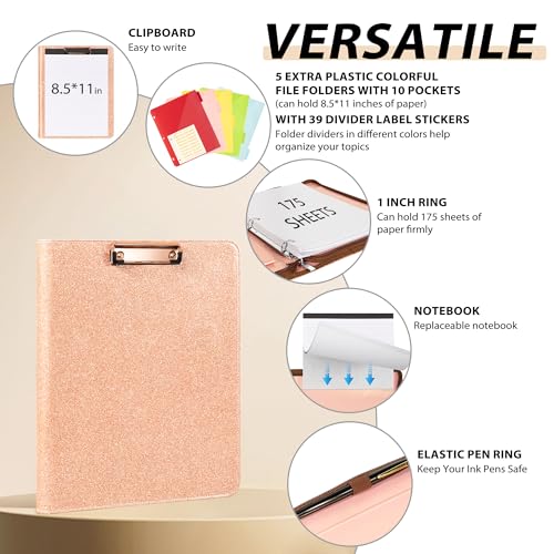 Ospelelf Leather Clipboard with Storage, Zippered Padfolio Portfolio Organizer, 3 Ring Binder 1 Inch, Notepad, Tablet Sleeve, 5 Dividers with Pocket, Stickets for Office, Nurses, Students, Teachers Rose Gold - Image 3