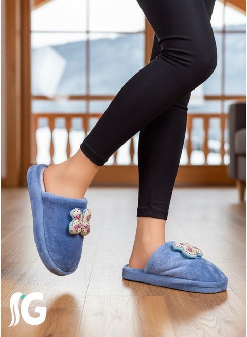 سليبر شتوي حريمي للبيت فرو مطرز لون ازرق فاتح