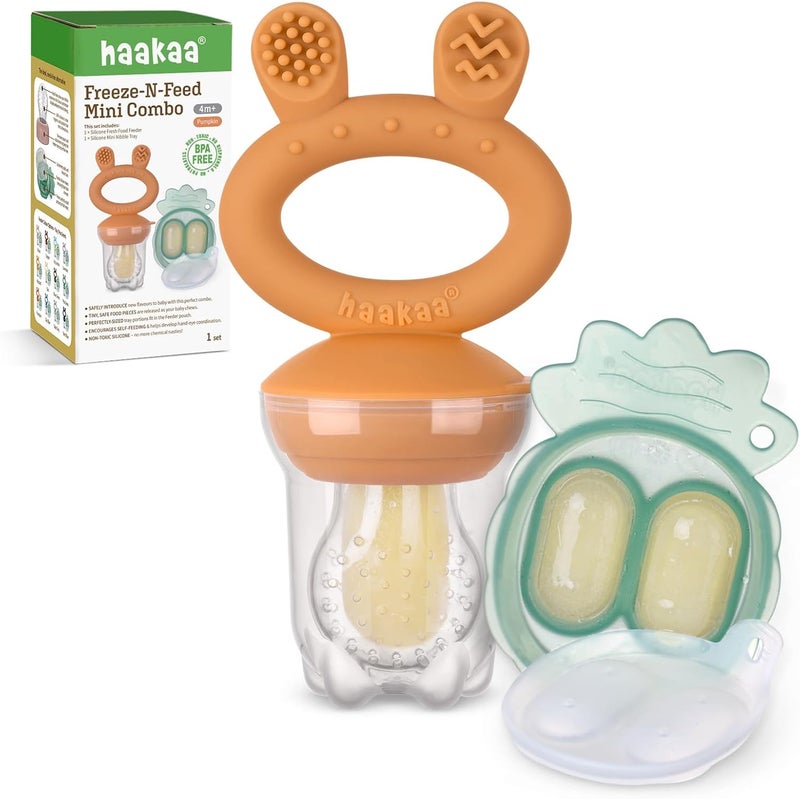Haakaa Baby Fruit Food Pacifier Feeder | Breastmilk Popsicle Mold for Teething | Food Grade Silicone Feeder with Pouch Cover for Milk Freezing, Help Baby Teething Relief, BPA Free (Pumpkin) - Image 1
