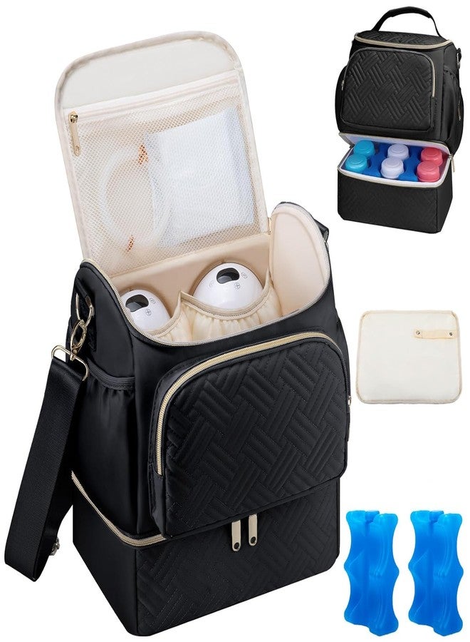 حقيبة شفط حليب الثدي قابلة للارتداء مع حجرة تبريد، متوافقة مع مضخات Willow/Elvie/Medela/Momcozy M5/S12 Pro، حقيبة سفر لتبريد حليب الثدي مع عبوة ثلج، حقائب شفط الحليب للعمل، أسود - Image 1