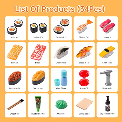 Funpynani Sushi Slicing Play Food Set 34Pcs 3 Ages LED Light with Color Changing Pretend Food Toys Accessories with Velcro for Kids Play Kitchen for Toddlers Learning Gift for Girls Boys - Image 5