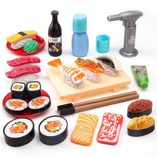 Funpynani Sushi Slicing Play Food Set 34Pcs 3 Ages LED Light with Color Changing Pretend Food Toys Accessories with Velcro for Kids Play Kitchen for Toddlers Learning Gift for Girls Boys - Image 1