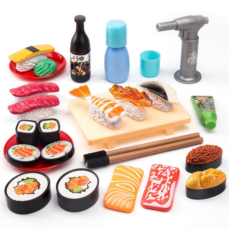 Funpynani Sushi Slicing Play Food Set 34Pcs 3 Ages LED Light with Color Changing Pretend Food Toys Accessories with Velcro for Kids Play Kitchen for Toddlers Learning Gift for Girls Boys - Image 3