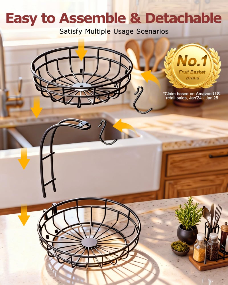 Sevenblue 2 Tier Large Fruit Basket for Kitchen Counter with Removable Banana Hanger - Sturdy Iron Fruit Bowl for Kitchen Counter and Vegetable Holder, Fruit Holder for Kitchen Countertop, Black - Image 3