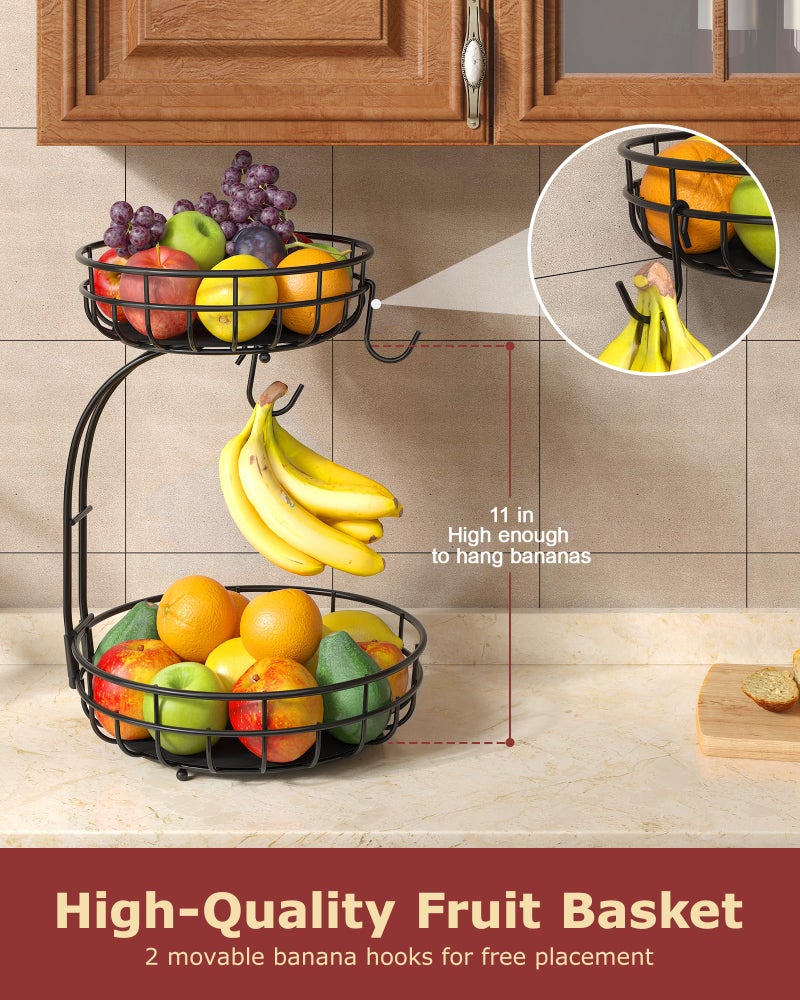 Sevenblue 2 Tier Large Fruit Basket for Kitchen Counter with Removable Banana Hanger - Sturdy Iron Fruit Bowl for Kitchen Counter and Vegetable Holder, Fruit Holder for Kitchen Countertop, Black - Image 2