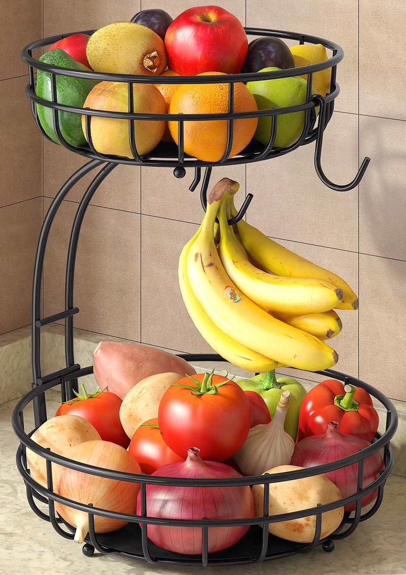 Sevenblue 2 Tier Large Fruit Basket for Kitchen Counter with Removable Banana Hanger - Sturdy Iron Fruit Bowl for Kitchen Counter and Vegetable Holder, Fruit Holder for Kitchen Countertop, Black - Image 1