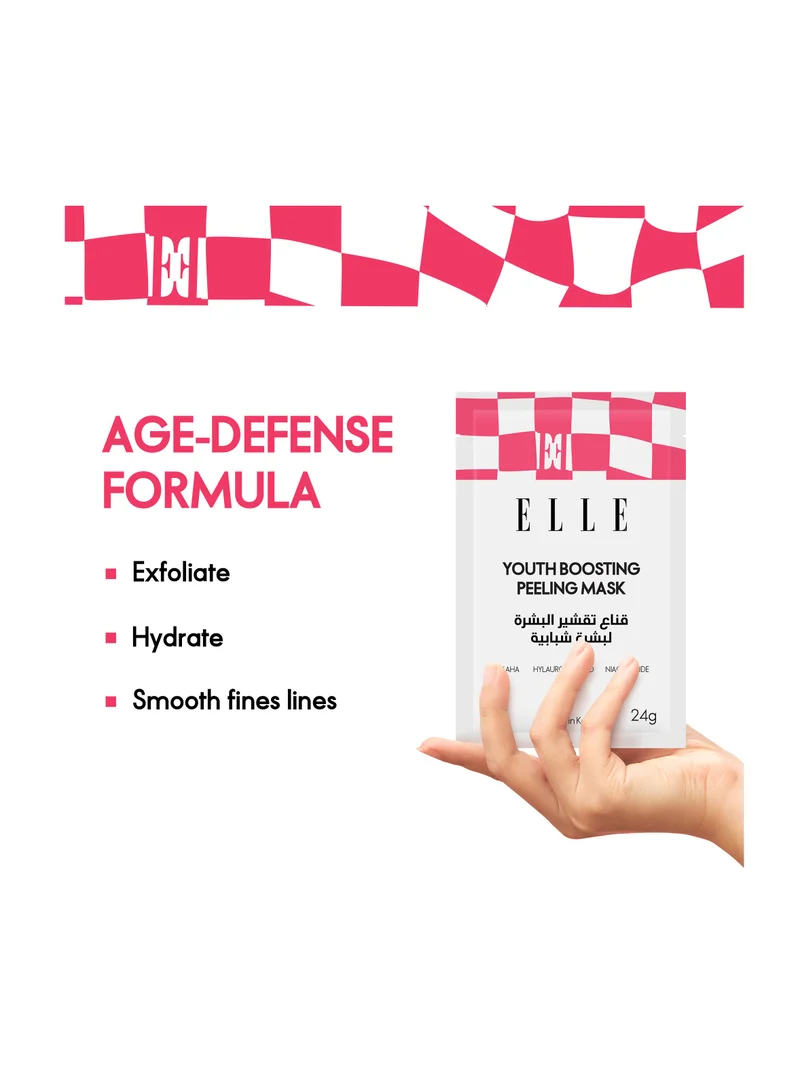 ELLE ELLE Youth Boosting Peeling Mask – Anti-Aging, Hydrating & Brightening Face Mask – Packed with Peptides, Niacinamide, Lactic Acid and Hyaluronic Acid for Radiant, Youthful Skin,  Pack of 4
