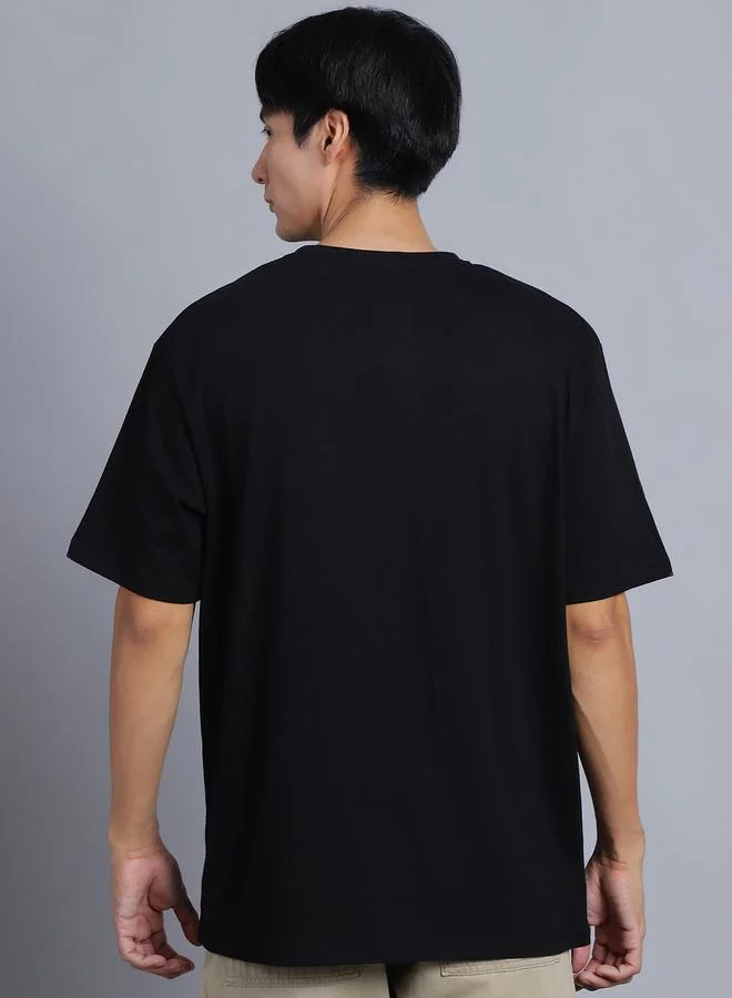 Styli Men Black Oversized Slogan Print T-Shirt By Door74