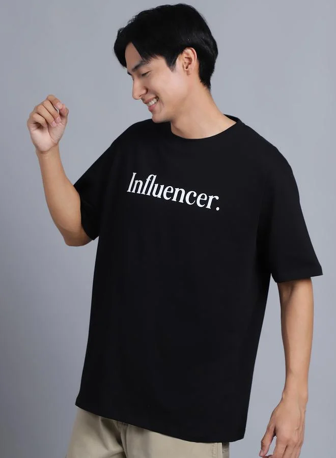 Styli Men Black Oversized Slogan Print T-Shirt By Door74