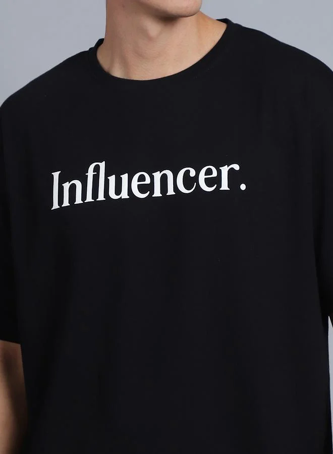 Styli Men Black Oversized Slogan Print T-Shirt By Door74