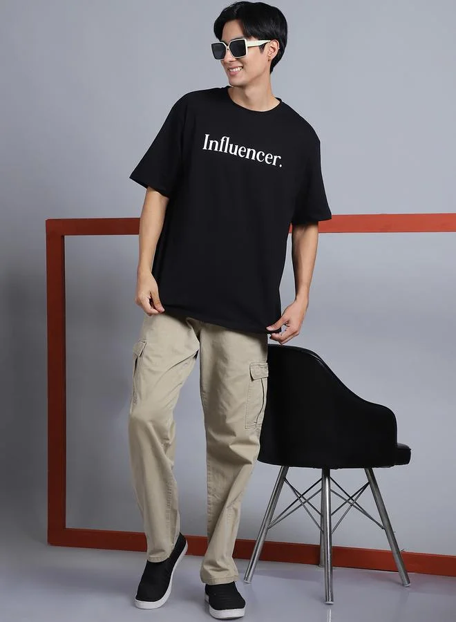 Styli Men Black Oversized Slogan Print T-Shirt By Door74