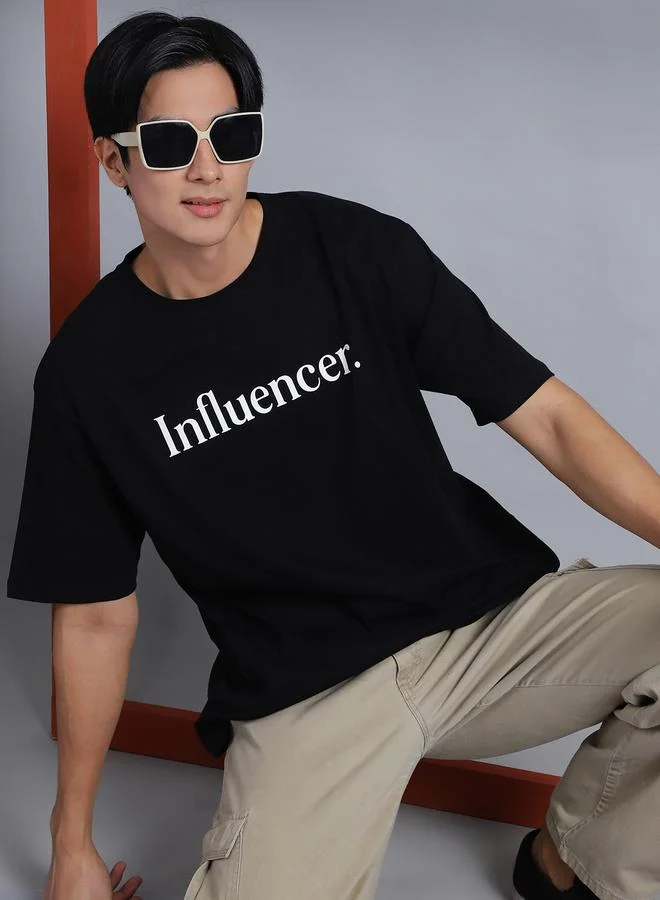 Styli Men Black Oversized Slogan Print T-Shirt By Door74