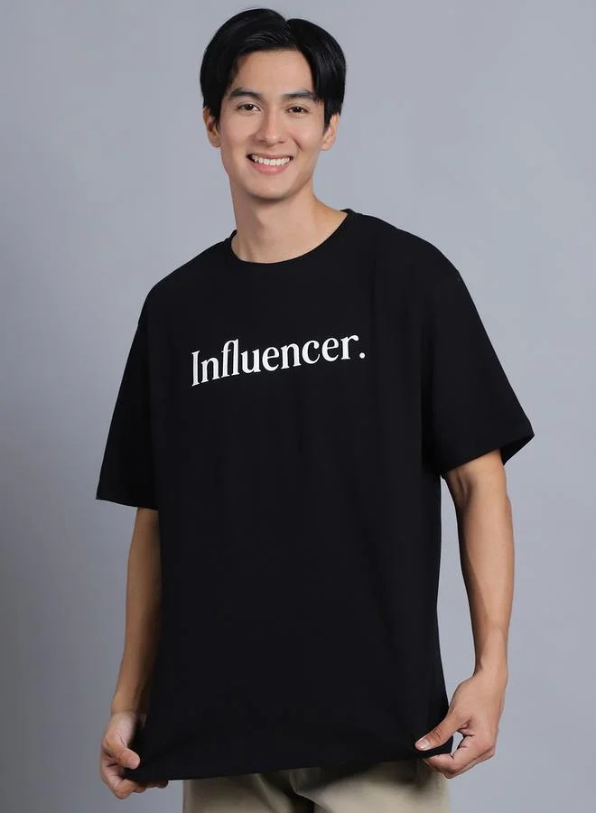 Styli Men Black Oversized Slogan Print T-Shirt By Door74