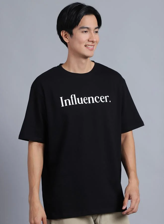 Styli Men Black Oversized Slogan Print T-Shirt By Door74