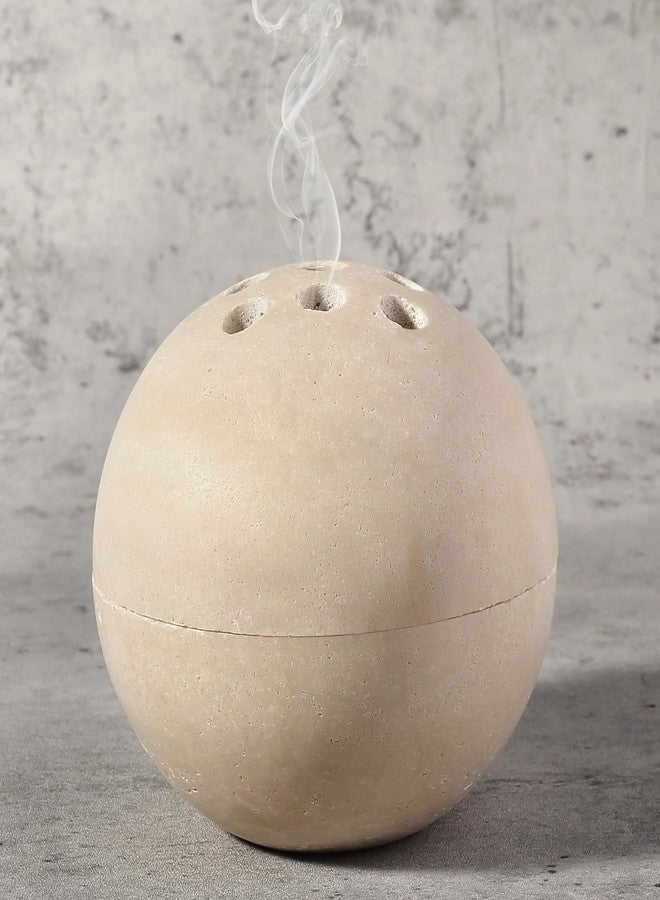 BCS Natural Travertine Incense Burner – 4” Handmade Stone Incense Cone Holder, Minimalist Sphere Incense Burner for Home Decor, Meditation, Yoga, Spa, Relaxation (Beige) - Image 1