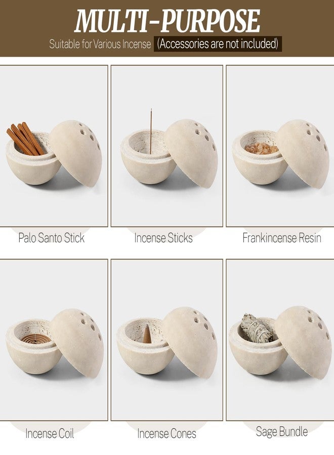 BCS Natural Travertine Incense Burner – 4” Handmade Stone Incense Cone Holder, Minimalist Sphere Incense Burner for Home Decor, Meditation, Yoga, Spa, Relaxation (Beige) - Image 3