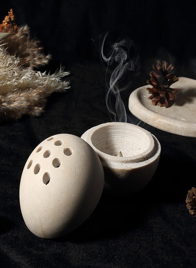 BCS Natural Travertine Incense Burner – 4” Handmade Stone Incense Cone Holder, Minimalist Sphere Incense Burner for Home Decor, Meditation, Yoga, Spa, Relaxation (Beige) - Image 5