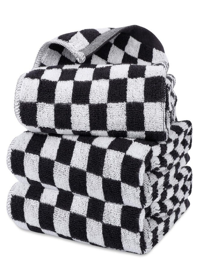 CODOHI 3 Pack Black and White Checkered Hand Towels 100% Cotton Absorbent Soft Decorative Towel for Bathroom Kitchen Home Hotel Beach, 29 x 13.4 Inches - Image 1