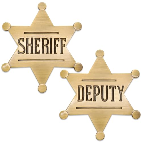 Huwane 1 PCS Sheriff Badge and 1 PCS Deputy Sheriff Badge Metal Brooch Police Badges Pin Western Cop Star Old West Prop for Kids Adult boys Girls Party Brass Color - Image 1