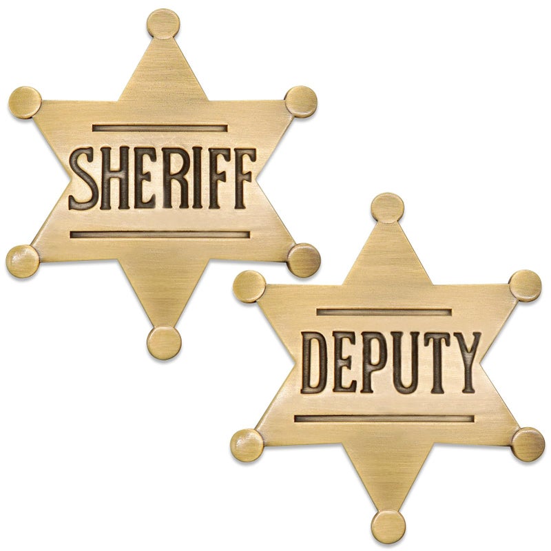 Huwane 1 PCS Sheriff Badge and 1 PCS Deputy Sheriff Badge Metal Brooch Police Badges Pin Western Cop Star Old West Prop for Kids Adult boys Girls Party Brass Color - Image 4