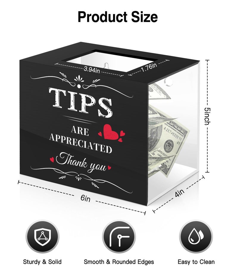 MoKo Tips Jar for Money, 6 × 4 × 5 Inch Acrylic Tip Box, Wall-Mounted Raffle Cash Donation Suggestion Box, Money Storage Container for Bartender Bars Restaurants Musicians Bartender, Black&Clear - Image 2