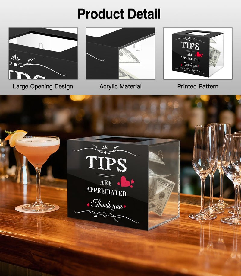 MoKo Tips Jar for Money, 6 × 4 × 5 Inch Acrylic Tip Box, Wall-Mounted Raffle Cash Donation Suggestion Box, Money Storage Container for Bartender Bars Restaurants Musicians Bartender, Black&Clear - Image 3