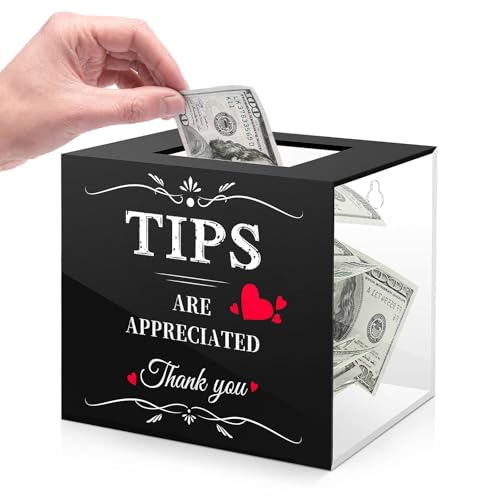 MoKo Tips Jar for Money, 6 × 4 × 5 Inch Acrylic Tip Box, Wall-Mounted Raffle Cash Donation Suggestion Box, Money Storage Container for Bartender Bars Restaurants Musicians Bartender, Black&Clear - Image 1