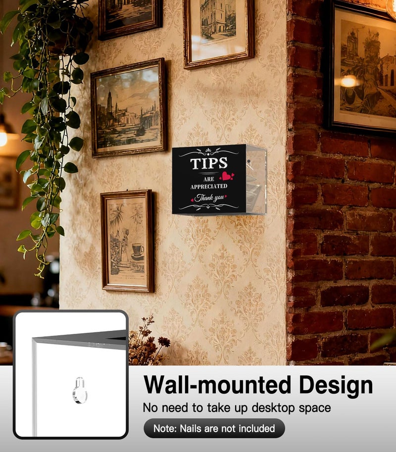 MoKo Tips Jar for Money, 6 × 4 × 5 Inch Acrylic Tip Box, Wall-Mounted Raffle Cash Donation Suggestion Box, Money Storage Container for Bartender Bars Restaurants Musicians Bartender, Black&Clear - Image 5