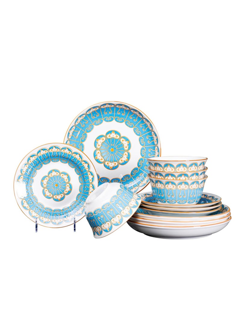 GOLD MANTIS TechPlus 12-Piece Blue and Gold Pattern Ceramic Dinnerware Set - Includes 4x 10.2-Inch Plates, 4x 8-Inch Plates, 4x 5.5-Inch Bowls | Microwave & Dishwasher Safe | Elegant Tableware for Stylish Dining - Image 1