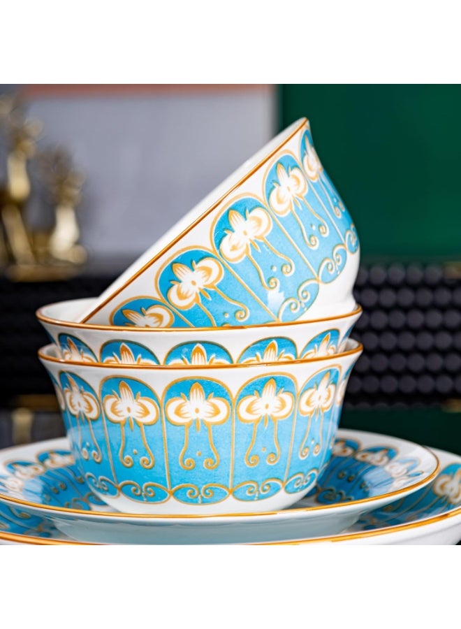 GOLD MANTIS TechPlus 12-Piece Blue and Gold Pattern Ceramic Dinnerware Set - Includes 4x 10.2-Inch Plates, 4x 8-Inch Plates, 4x 5.5-Inch Bowls | Microwave & Dishwasher Safe | Elegant Tableware for Stylish Dining - Image 4