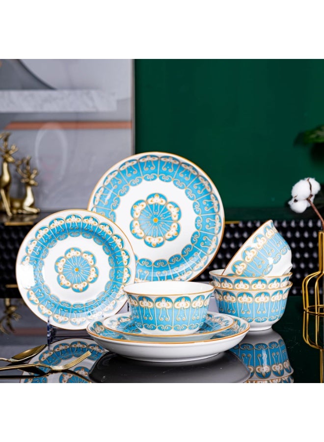 GOLD MANTIS TechPlus 12-Piece Blue and Gold Pattern Ceramic Dinnerware Set - Includes 4x 10.2-Inch Plates, 4x 8-Inch Plates, 4x 5.5-Inch Bowls | Microwave & Dishwasher Safe | Elegant Tableware for Stylish Dining - Image 2