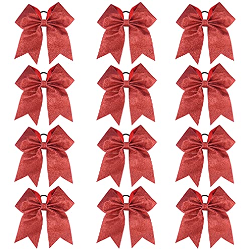 DEEKA 12 PCS 7" Large Glitter Cheer Bows Shiny Cheer Hair Bows Ponytail Holder Handmade for Cheerleader Girls Softball Sports -Red - Image 1