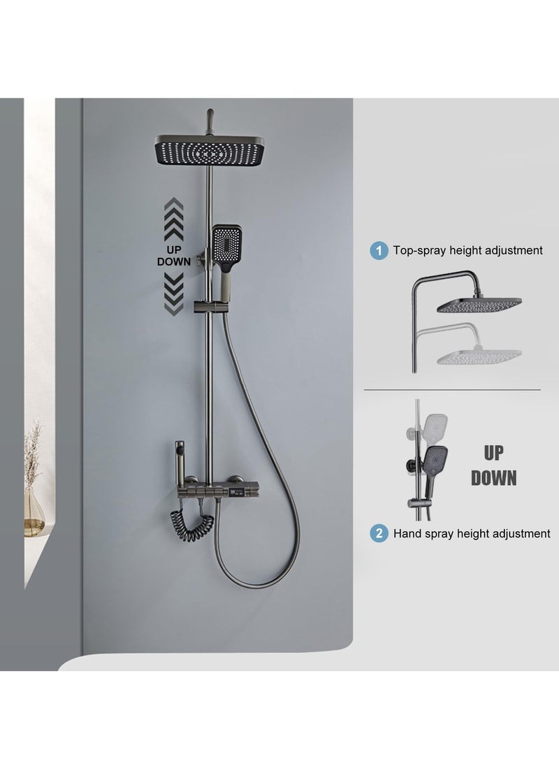 XiuWoo - Shower System with Digital Temperature Display, Shower Faucet Set with Rain Shower Head and Handheld Shower Head Fixtures, Wall Mounted Rainfall Shower Fixtures with Piano Keys, Gray - Image 1