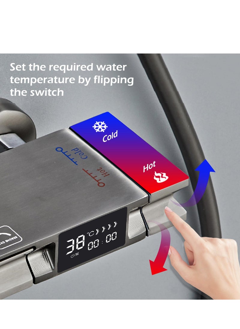 XiuWoo - Shower System with Digital Temperature Display, Shower Faucet Set with Rain Shower Head and Handheld Shower Head Fixtures, Wall Mounted Rainfall Shower Fixtures with Piano Keys, Gray - Image 1