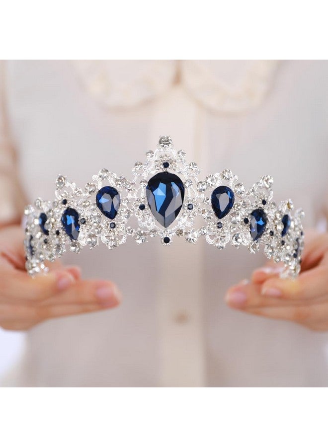 BERYUAN Bridal Baroque Blue Crystal Silver Headpiece Silver Princess Wedding Headband Royal Crystal Rhinestone Hair Costume For Women And Girls (Silver) - Image 1