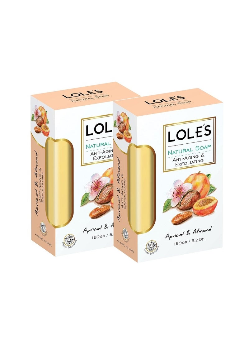 LOLE'S Luxury Pure Natural Soap, Apricot & Almond Beauty Bar, Detox & Deep Cleansing Face and Body Care - Vitamin E, SLS-Free, Crisp & Fresh Touch, 100% Vegetable, No Animal Fat, Pack of 2 x 150g - Image 1