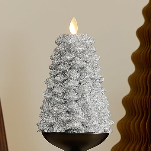 Luminara Brilliant Silver Glitter Flameless LED Candle North Tree Moving Flame Pillar 38 x 6 - Image 1