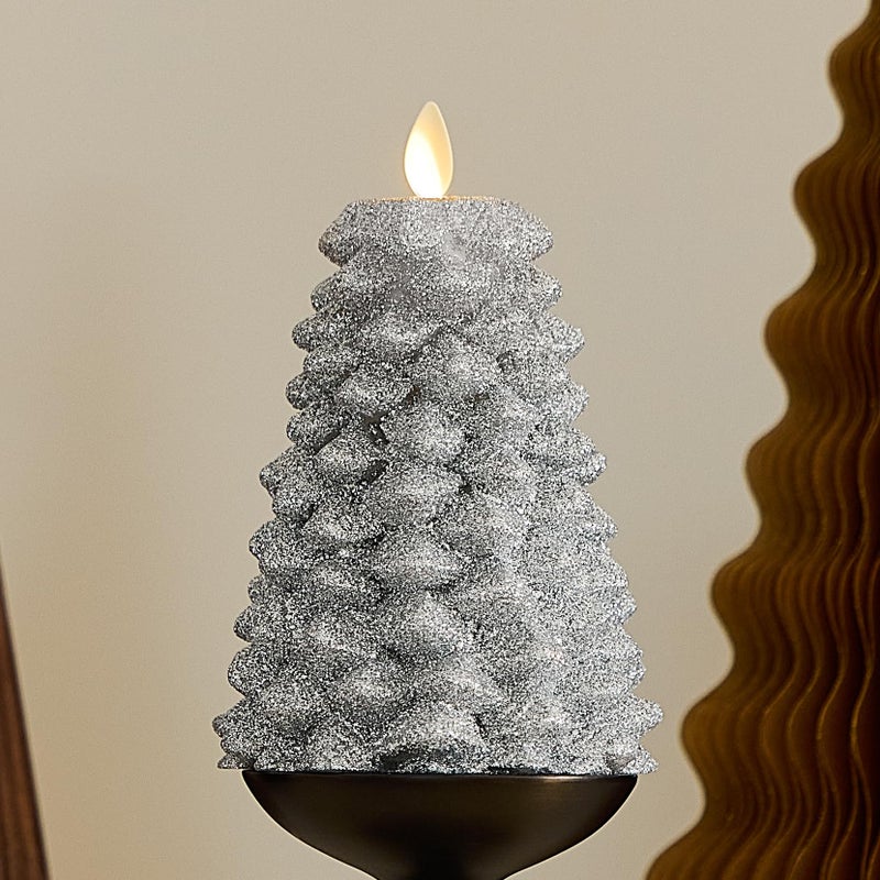 Luminara Brilliant Silver Glitter Flameless LED Candle North Tree Moving Flame Pillar 38 x 6 - Image 2