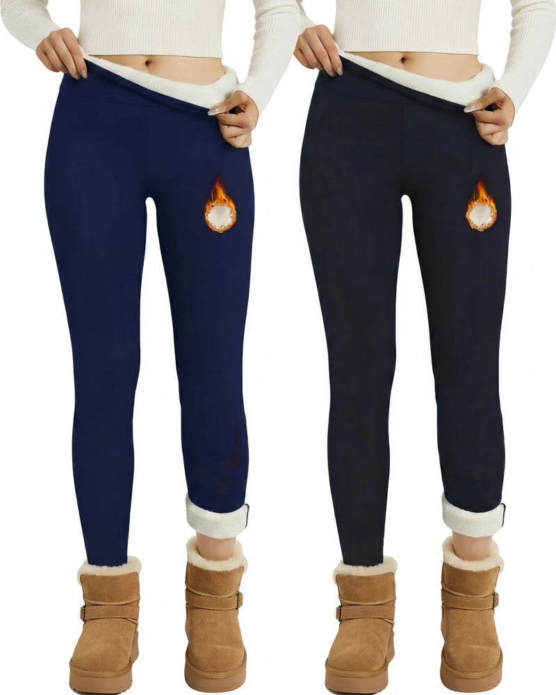 Coume 2 Pcs Fleece Lined Leggings for Women Soft High Waisted Thermal Workout Yoga Pants Women Warm Winter Thick LeggingsBlack Navy BlueS - Image 2
