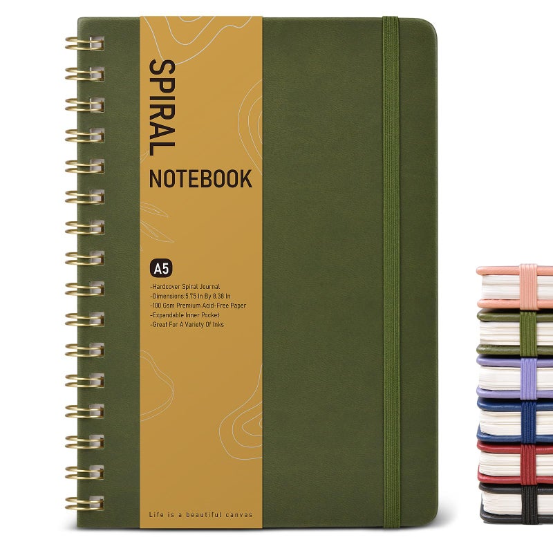 PAPEJOON Graph Spiral Journal Notebook, A5 Hardcover Spiral Journals for Women Men, 100 GSM Graph Paper Notebooks, 150 Pages Spiral Bound Grid Notebook for Writing Note Taking Work 5.75" x 8.38" Olive Green - Image 1