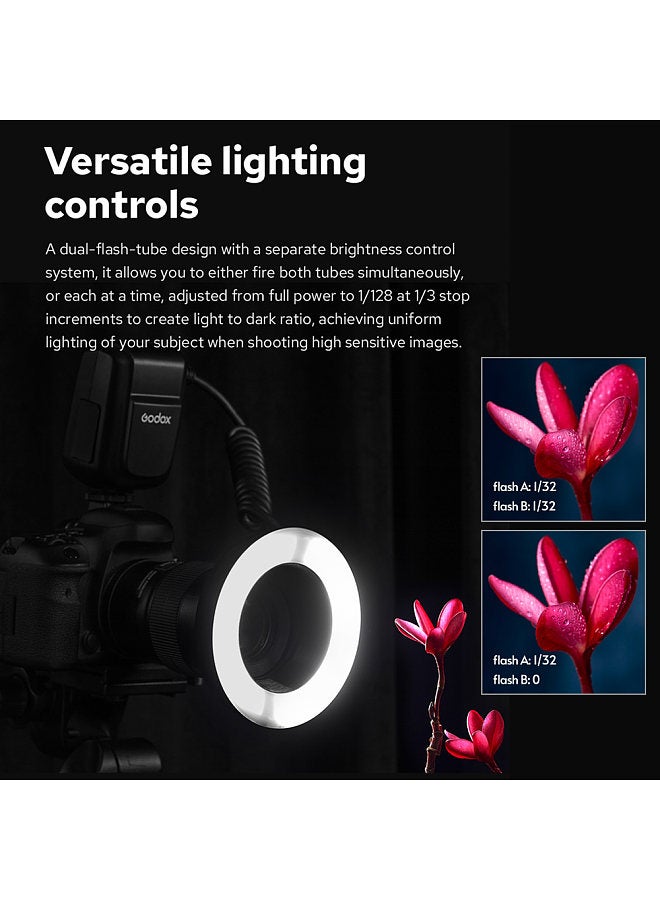 Godox MF-R76 Universal Macro Ring Flash Light GN14 10 Levels Adjustable Brightness with 8pcs Adapter Ring Large Capacity Battery Replacement