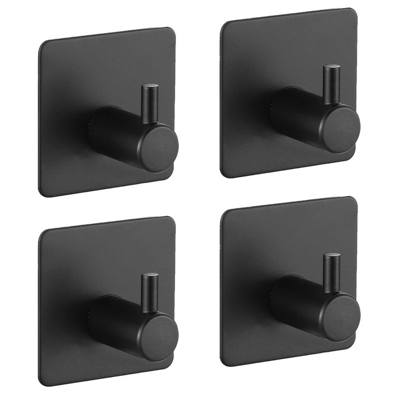 LOOGI Adhesive Hooks, Door Hooks Heavy Duty Towel Hooks Stick on Wall Waterproof Stainless Steel Robe Hanger for Hanging Bathroom Kitchen Home Black 4 Pack - Image 1