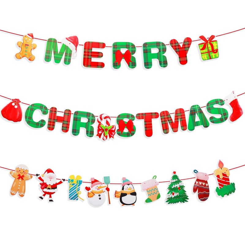 FESTIKO Festiko Merry Christmas Banner Xmas Signs Hanging Banner Plaid Red Green Garland with Cartoon Christmas Tree Santa and Sock Snowman Ornaments for Home Wall Fireplace Party Supplies - Image 1