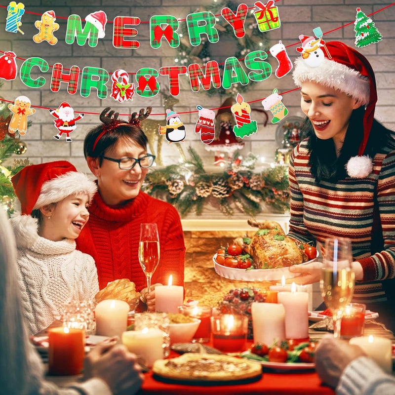 FESTIKO Festiko Merry Christmas Banner Xmas Signs Hanging Banner Plaid Red Green Garland with Cartoon Christmas Tree Santa and Sock Snowman Ornaments for Home Wall Fireplace Party Supplies - Image 4