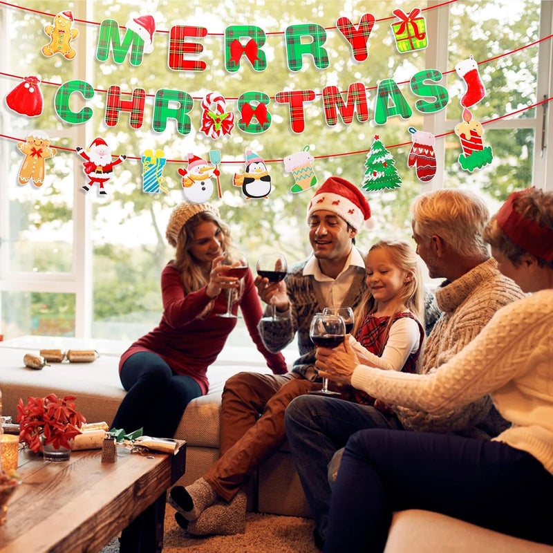 FESTIKO Festiko Merry Christmas Banner Xmas Signs Hanging Banner Plaid Red Green Garland with Cartoon Christmas Tree Santa and Sock Snowman Ornaments for Home Wall Fireplace Party Supplies - Image 5