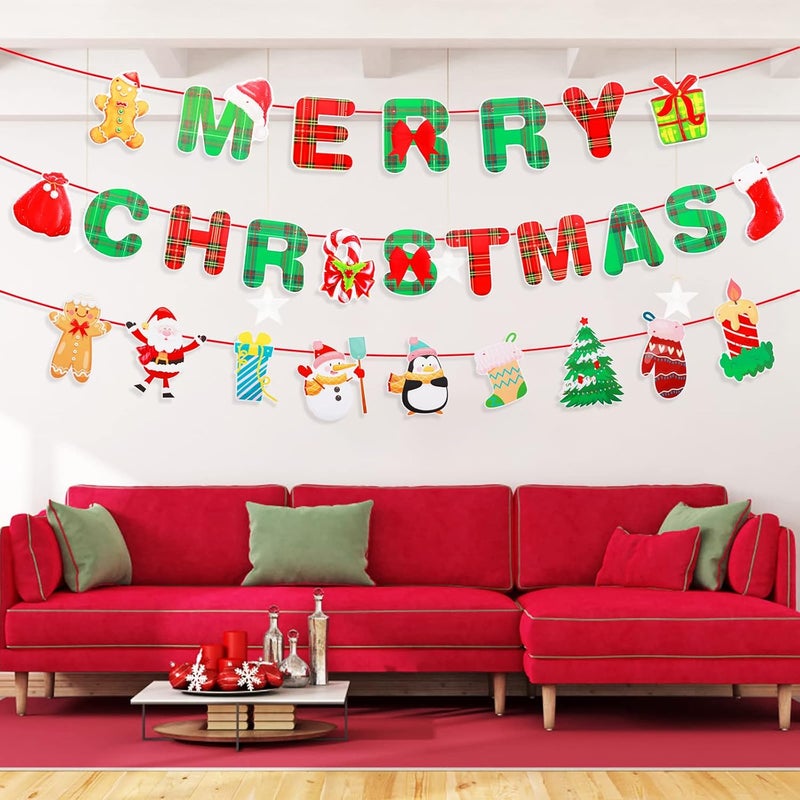 FESTIKO Festiko Merry Christmas Banner Xmas Signs Hanging Banner Plaid Red Green Garland with Cartoon Christmas Tree Santa and Sock Snowman Ornaments for Home Wall Fireplace Party Supplies - Image 2