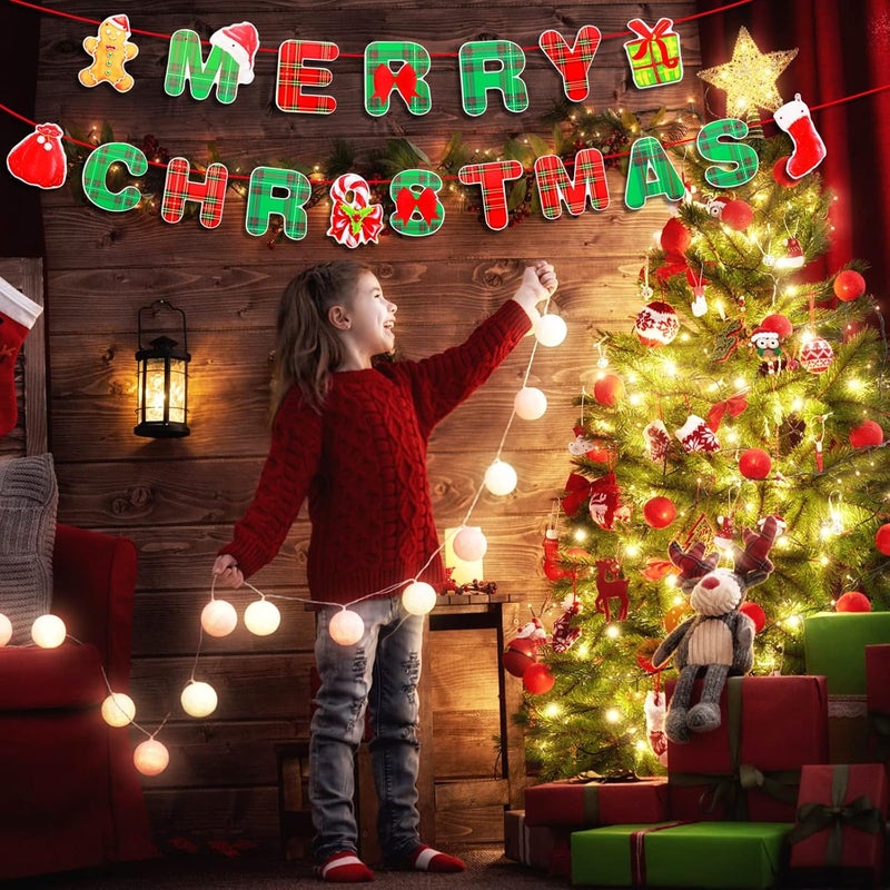 FESTIKO Festiko Merry Christmas Banner Xmas Signs Hanging Banner Plaid Red Green Garland with Cartoon Christmas Tree Santa and Sock Snowman Ornaments for Home Wall Fireplace Party Supplies - Image 3
